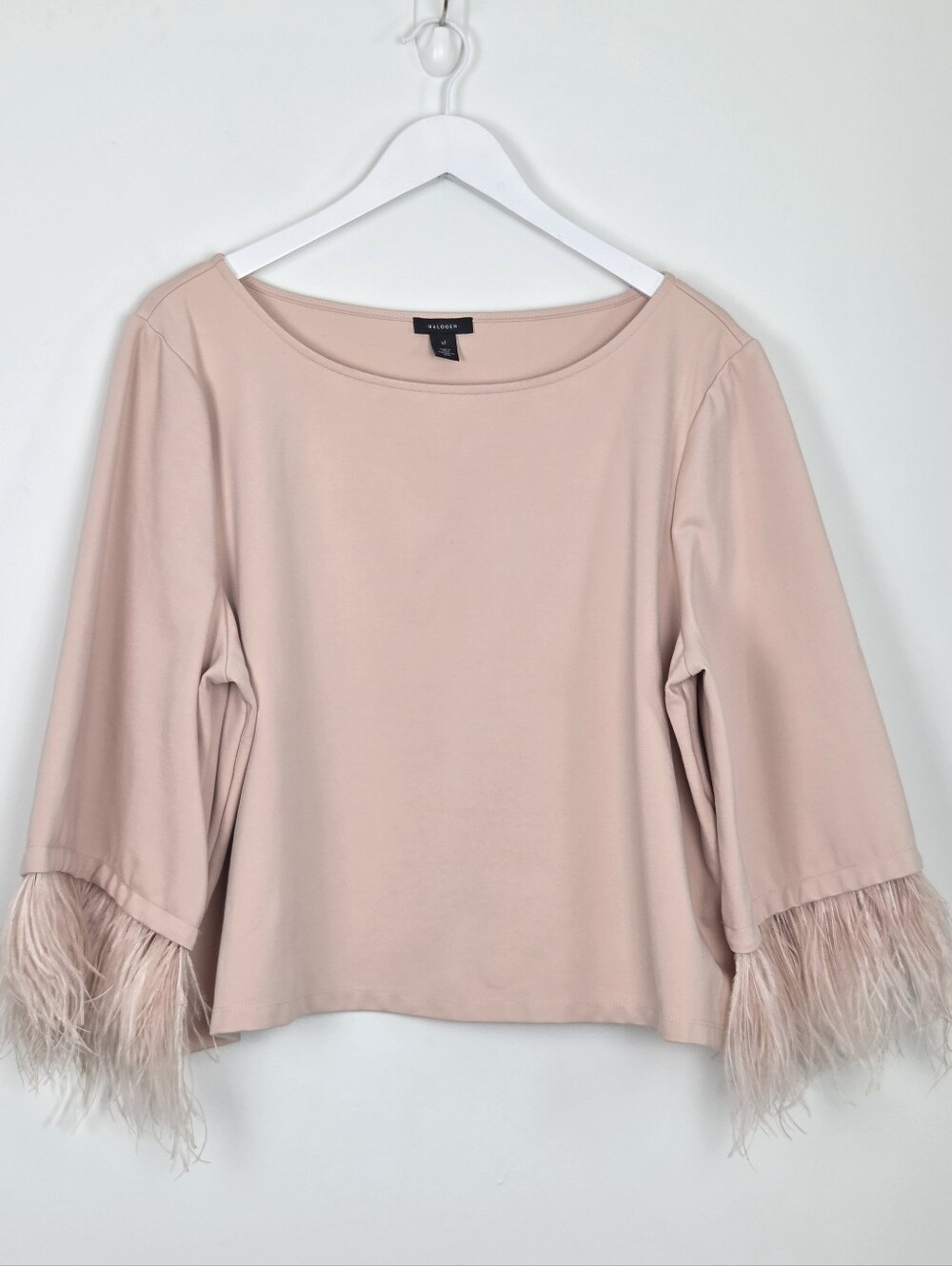 Halogen Detachable Ostrich Feather Blush Pink Ponte Cocktail Top Size 1X